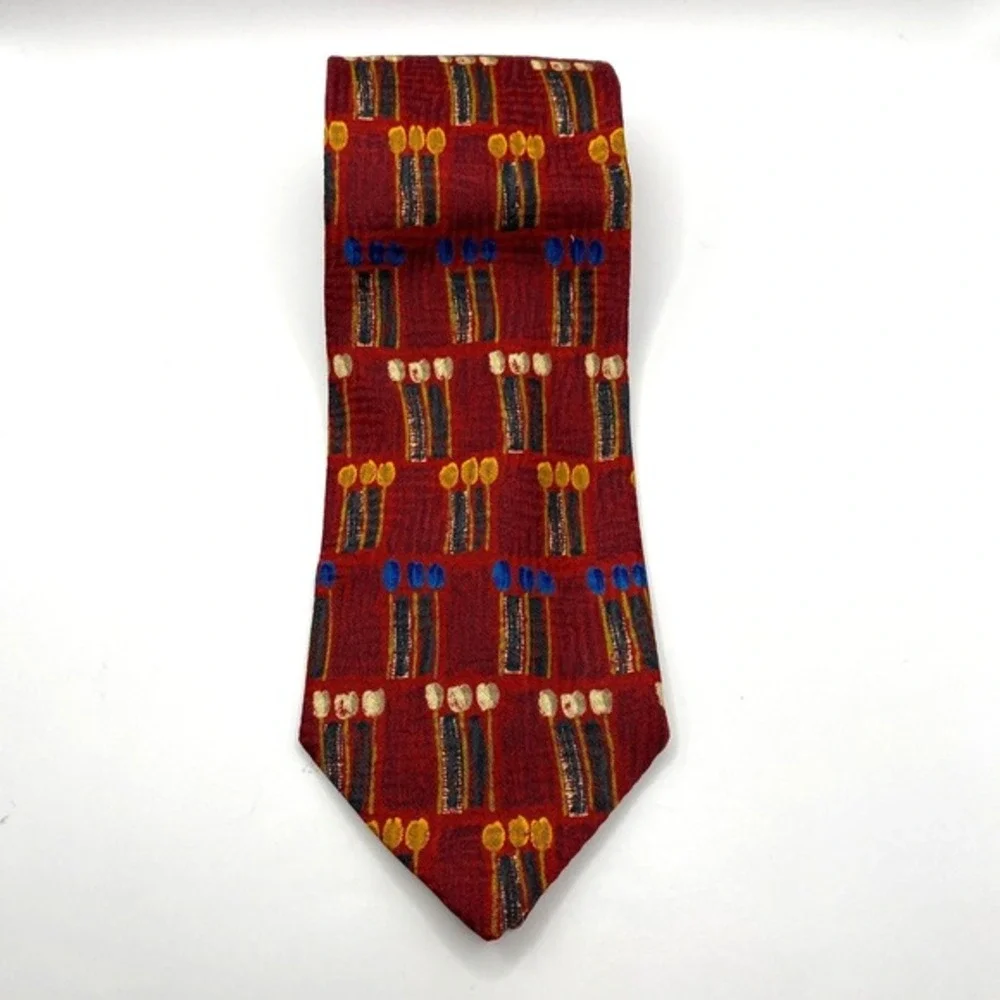 Ermenegildo Zegna 100% Silk Tie‎ Mens Necktie Red Blue Geometric Abstract Italy